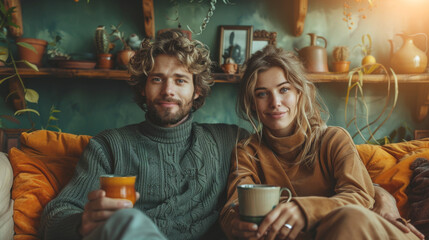 A couple relaxes on a couch, each holding a warm drink, in a cozy living room.