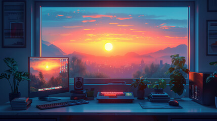 A desk with a computer, keyboard, and speakers sits in front of a window overlooking a sunset over a city.