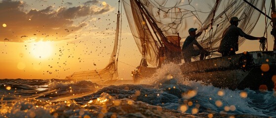 A group of sailors is working on a fishing boat as it sails across the sea The image showcases the teamwork and hard work of the fishermen as they cast their nets into the water The backdrop of the
