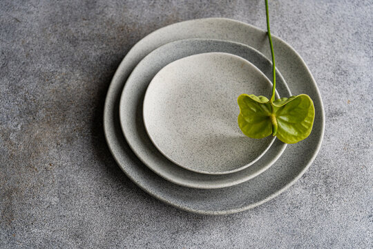 Overhead view of a Green Anthurium flower on a stack of assorted ceramic plates