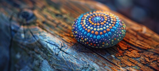 Obraz premium Hand-Painted Stone with Intricate Mandala Design on Wooden Surface, Perfect for Decor or Meditation