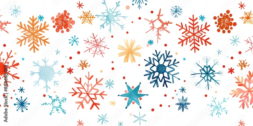 Poster a colorful snowflake pattern with a white background. the snowflakes are of different sizes and colo