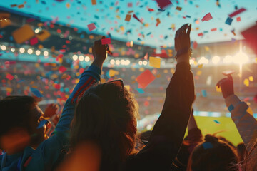 A group of people are celebrating with confetti and fireworks