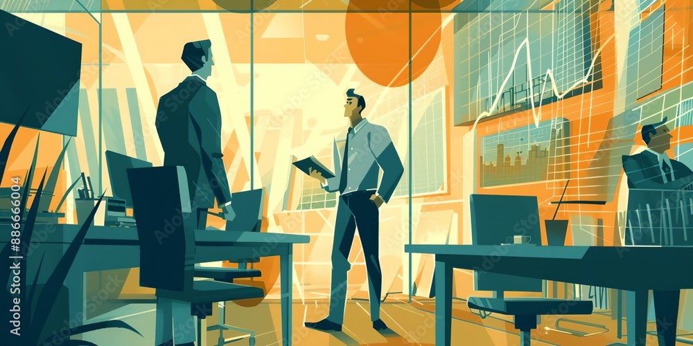 Poster a man in a suit stands in front of a large monitor in a cubicle. he is holding a clipboard and looki