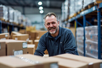 Fototapeta premium A man is smiling in front of a stack of cardboard boxes
