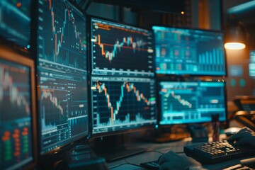 Obraz premium Stock Trader's Desk with Multiple Monitors Displaying Real-Time Market Data and Financial Charts