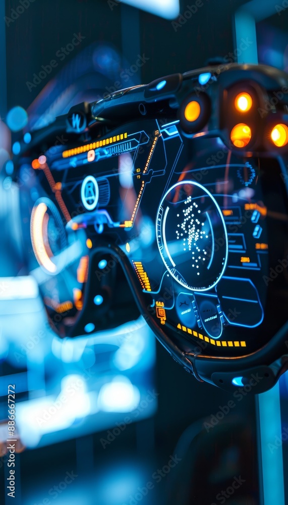 Poster bright futuristic dashboard with high-tech infographic displays for virtual reality training module 