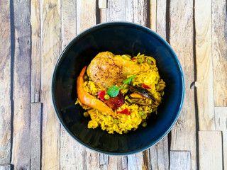 Prawn with rice - close up of prawn with rice - traditional Spanish food paella