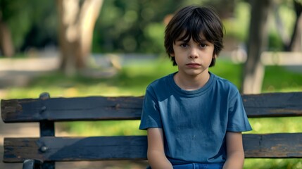 Portrait of a Young Greek Boy Sitting on a Park Bench in Summer, Outdoor Childhood Moments, Stock Photography