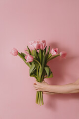 Graceful hand clasps a bouquet of vibrant pink tulips