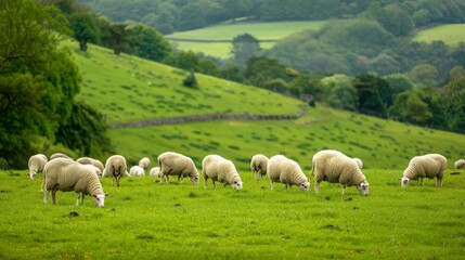 Fototapeta premium An English country side magnificent view. A group of sheep eating grass in green meadow.