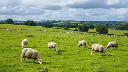 Fototapeta premium An English country side magnificent view. A group of sheep eating grass in green meadow.