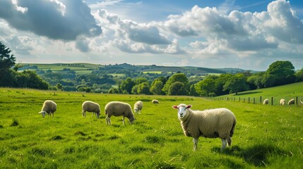 An English country side magnificent view. A group of sheep eating grass in green meadow.