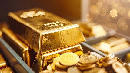 Safe filled with gold bars and coins, security and abundance, gold ownership, financial safety.