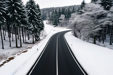 Obraz premium Snowy Forest Landscape with a Curving Road in Winter