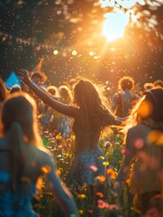 Euphoric Music Festival with Friends Amid Vibrant Sunset Outdoors
