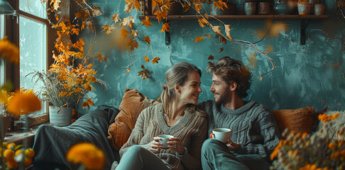 A young couple sits on a couch, enjoying a warm beverage and the cozy atmosphere of their home, decorated with autumn foliage.