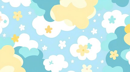 Cute cartoon cloud pattern with a light blue and yellow color scheme on a white background children's wallpaper style