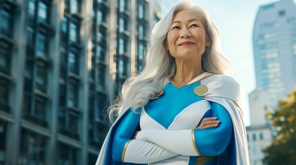 Confident Elderly Superhero Woman in Urban Setting for Inspirational Concepts and Marketing Design