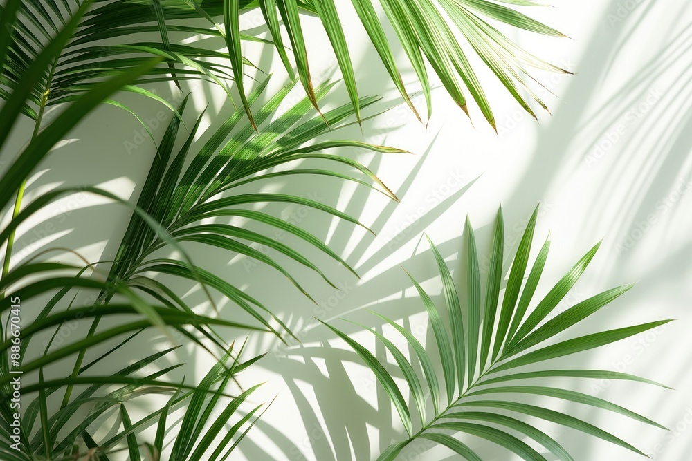 Poster Palm tree stands alone on white background. Rich green leaves create sense of depth, scale. Simple indoor setting with vibrant colors and plain background.