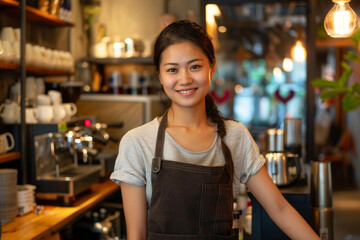 A woman wearing a black apron stands in front of a counter with a smile on her f