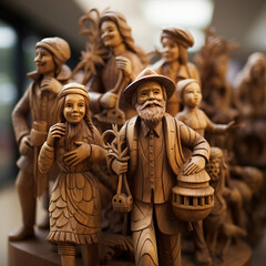 wooden carved statue of human animals buildings and nature