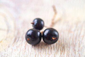 black currant on a wooden table, close-up, macro