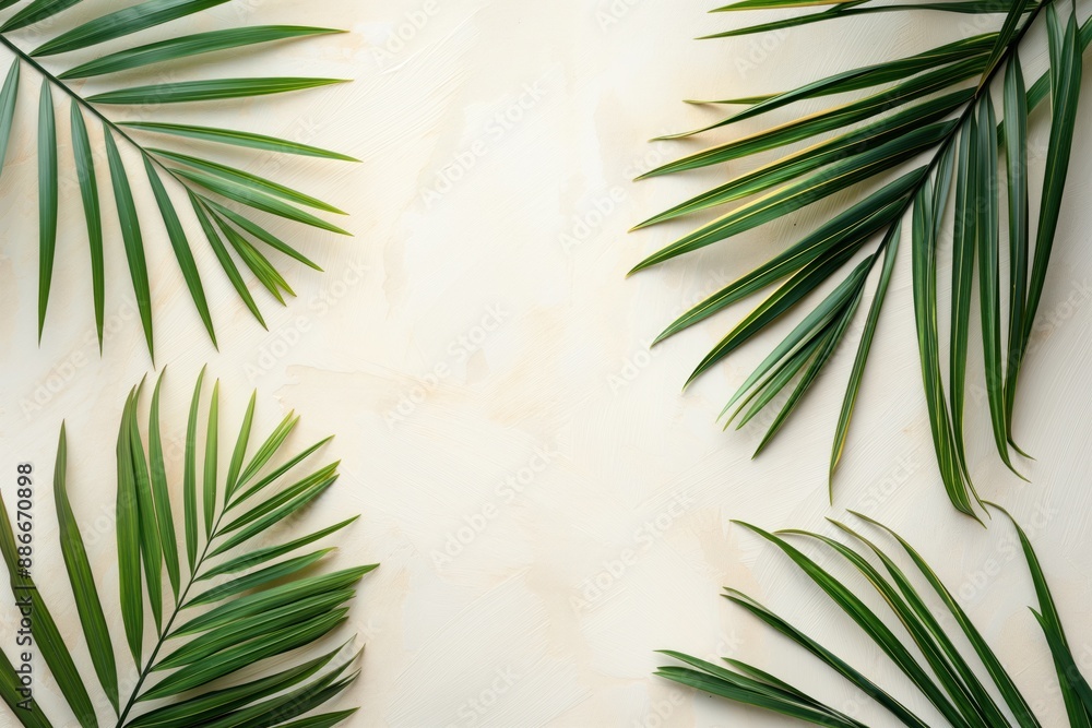 Poster tropical palm trees stand together on a beige background. the image features natural abstract shapes