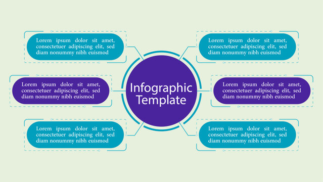 Infographic Template: Central Circle with Title is Connected to 6 Text Blocks 