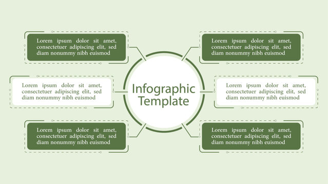 Infographic Template: Central Circle with Title is Connected to Text Blocks in Dark Green and Off-White