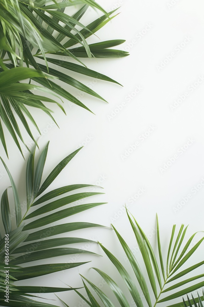 Poster palm trees stand tall on white background with slender leaves reaching towards corners. green foliag