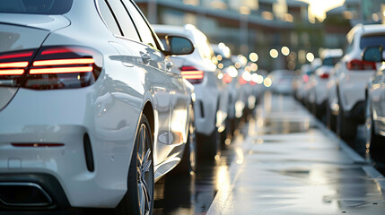 a row of  cars parked in an open parking lot. Car showroom and dealer agent concept