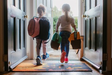 Two young girls are leaving the house, one of them carrying a backpack. Scene is lighthearted and playful, as the girls are excited to go to school