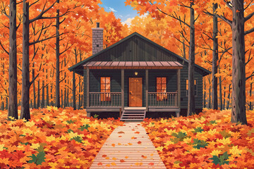 Autumn pathway with scattered leaves leading to a cozy wooden cabin surrounded by vibrant foliage in a serene forest setting