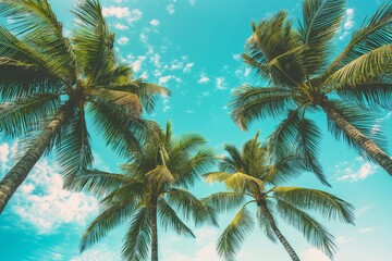 Fototapeta premium Three palm trees are in the foreground of a blue sky. The palm trees are tall and green, and they are spread out across the sky