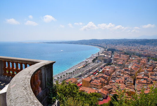 Aerial panoramic view of the sea and Old Town, Nice, South of France, 2019.