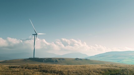 A lone white wind turbine standing against a blue sky
