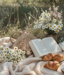 A book lying next to flowers and croissants at an outdoor picnic setting. The light grey blanket, pastel color wildflowers add vibrancy This scene captures spring vibes and conveys warmth sunlight 