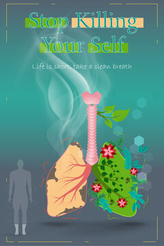 Health Impact of Smoking: Man with Green Lungs (Healthy) vs. Yellow Lungs (Damaged) | Vertical version 
