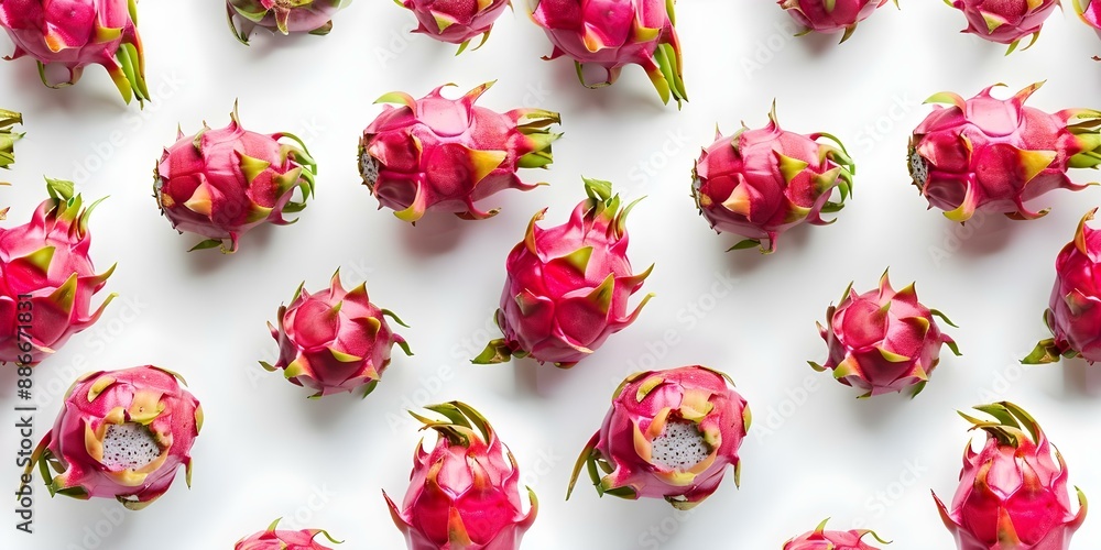 Aufkleber dragonfruit arranged in a grid pattern on a white background - top-down view of tropical and exotic 