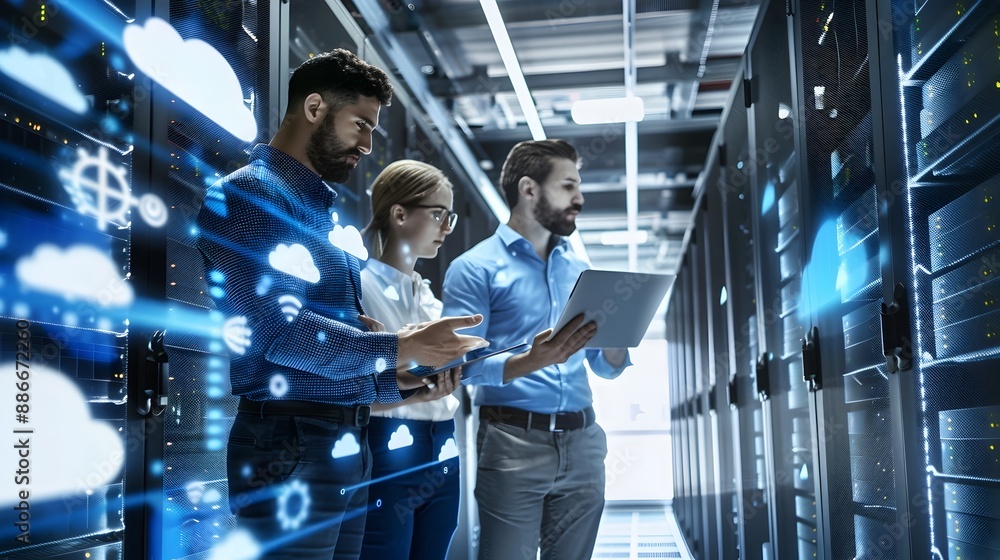 Poster a team of it professionals working together in a high tech cloud computing environment emphasizing a