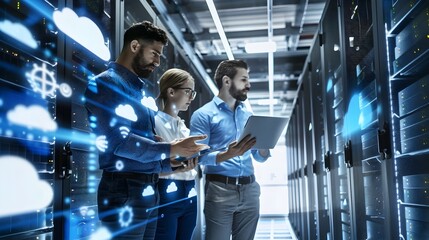 A team of IT professionals working together in a high tech cloud computing environment emphasizing and innovation