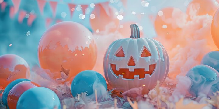 Plastic pumpkin with balloons in pastel color. Halloween celebration.