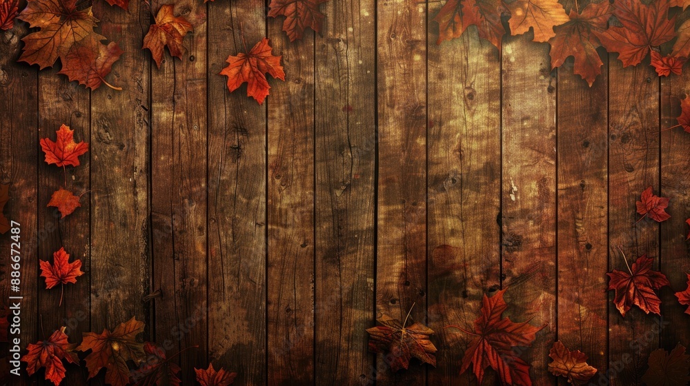 Poster autumn background with wooden texture and empty space for design