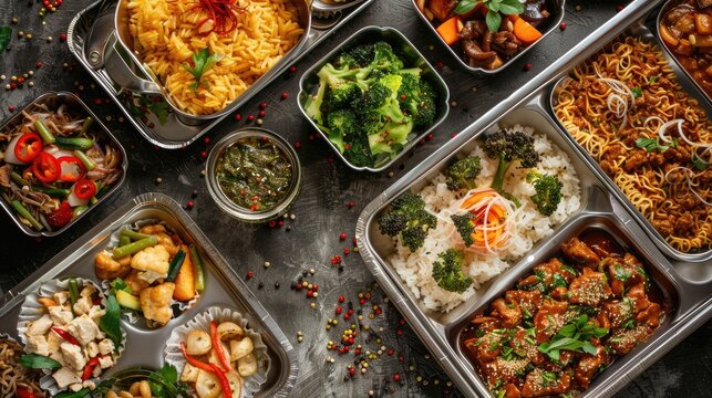 Assortment of popular dishes in stainless steel trays Selective focus with copy space