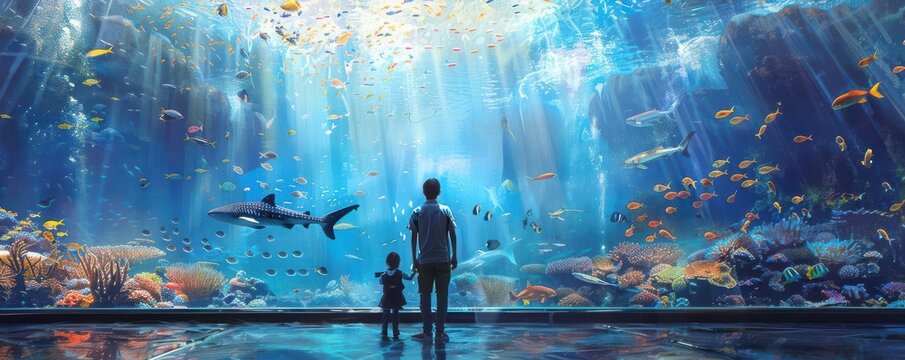 Family enjoying a day at the aquarium, marveling at marine life, and participating in interactive exhibits, focus on, educational fun theme, vibrant, Composite, aquarium backdrop