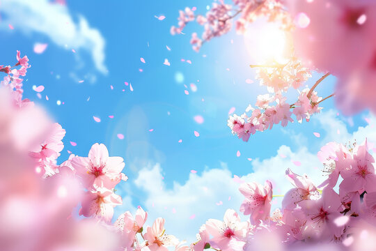 A beautiful blue sky with pink flowers in the foreground - Powered by Adobe