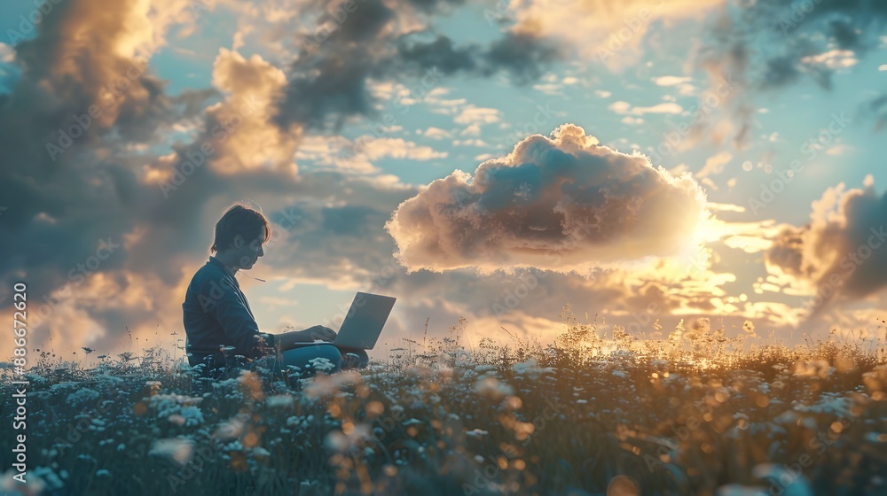 Aufkleber remote worker accessing cloud data in serene natural setting