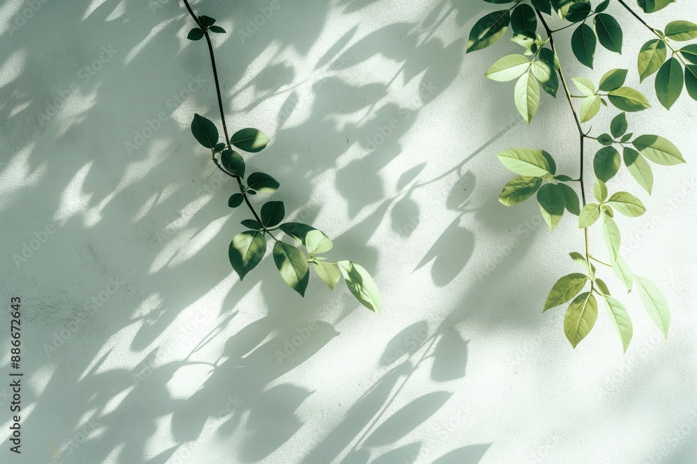 Poster Branch with lush green leaves on white wall background. Nature scene with vibrant foliage and contrasting colors. Horizontal lines add texture to abstract design.