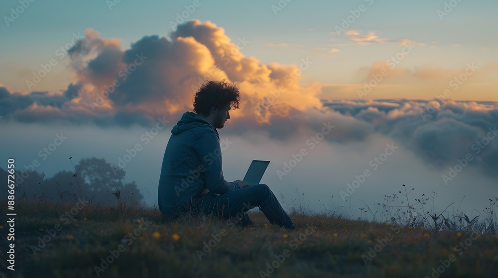 Aufkleber remote worker accessing cloud data in peaceful natural setting highlighting cloud technology s flexi